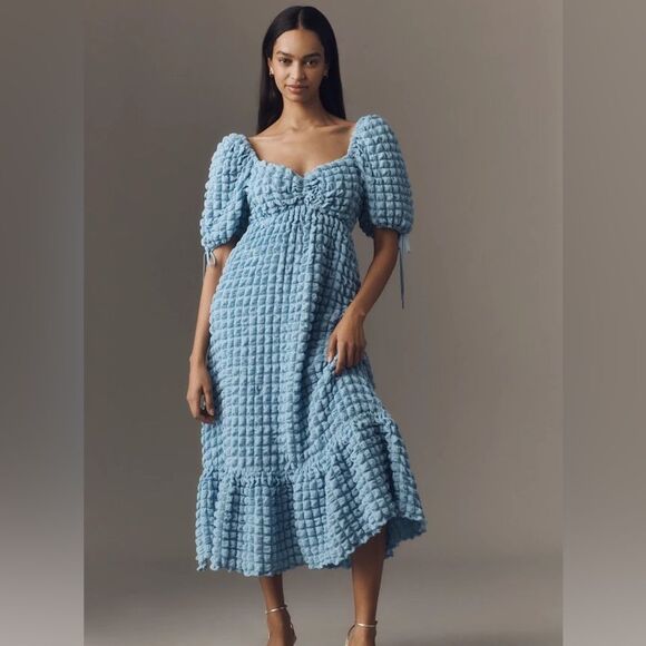 Anthropologie Endless Rose Puff Sleeve Sweetheart Textured Midi Dress NWT - Picture 1 of 7